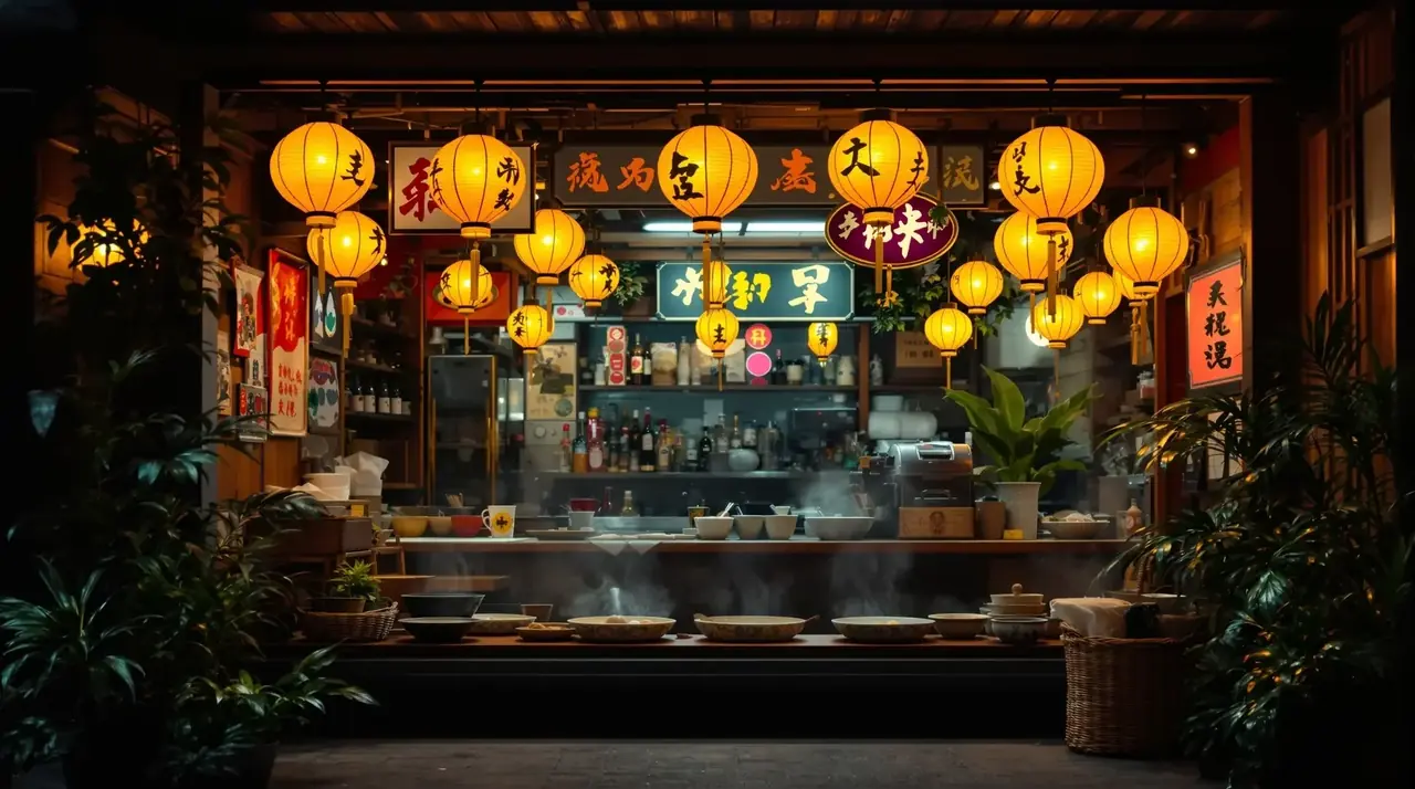 雾蓝夜色中亮着暖灯的街角面馆